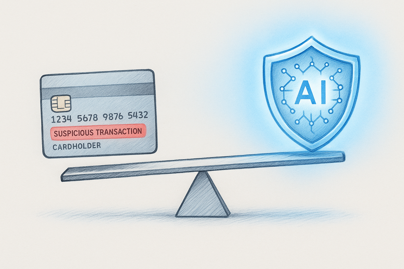 Conceptual pastel illustration of a simple seesaw balancing a credit card with a red‑highlighted suspicious transaction on one end and a glowing AI‑driven security shield with neural‑network patterns on the other.