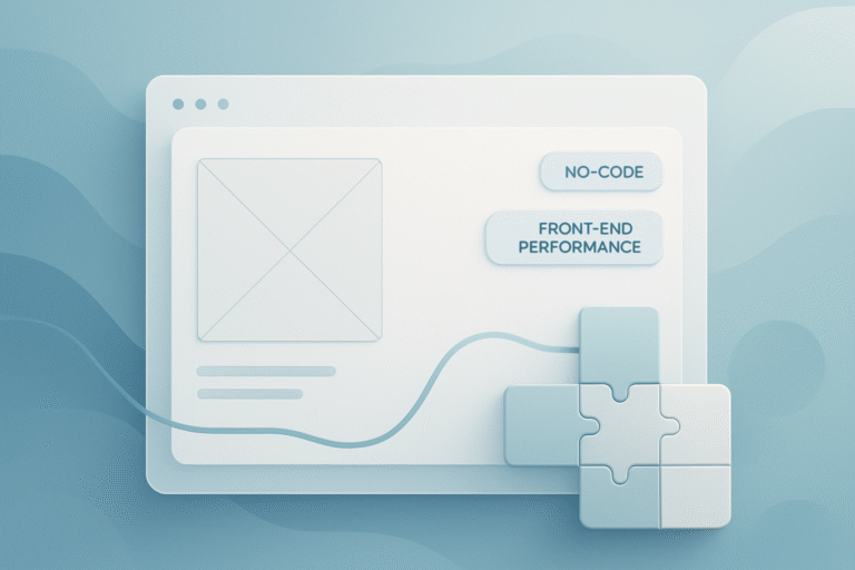 Illustration of a modern user interface with modular building blocks and smooth rendering pipelines in cool blue and teal tones, symbolizing no-code digital transformation.