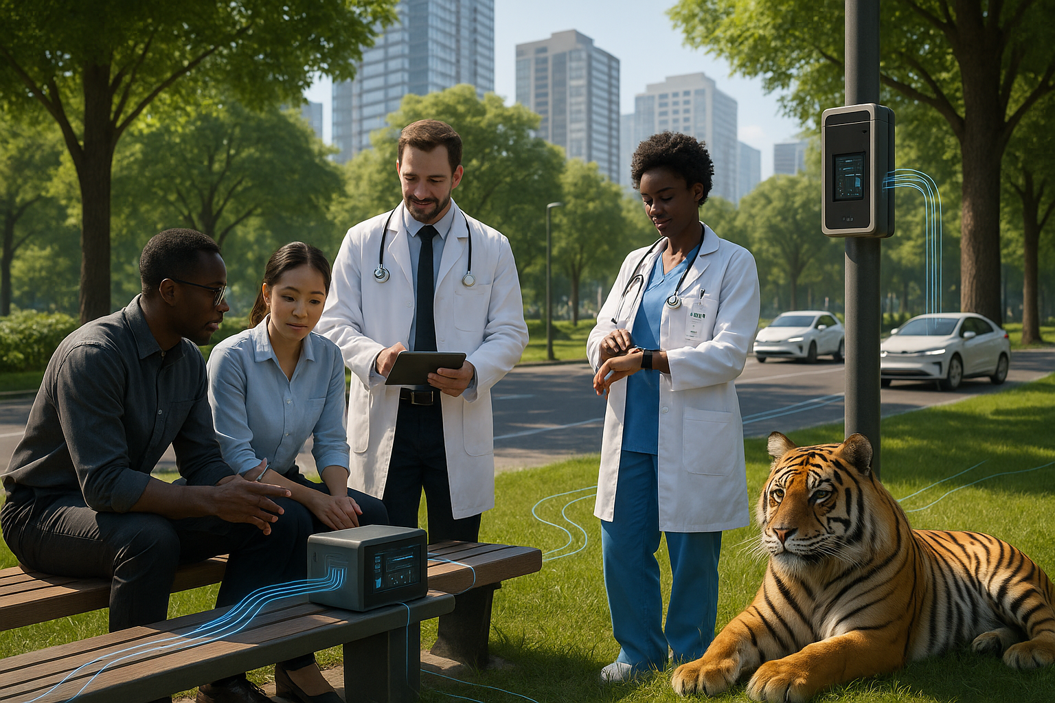 Doctors and professionals collaborate in a green urban park with advanced edge computing devices on a bench and smart streetlight, connected by glowing data streams, while a majestic tiger rests nearby symbolizing strength and innovation.