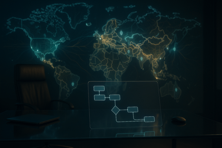 Holographic world map with regional boundaries and gated data flows, low-code blocks hovering over a glass desk.