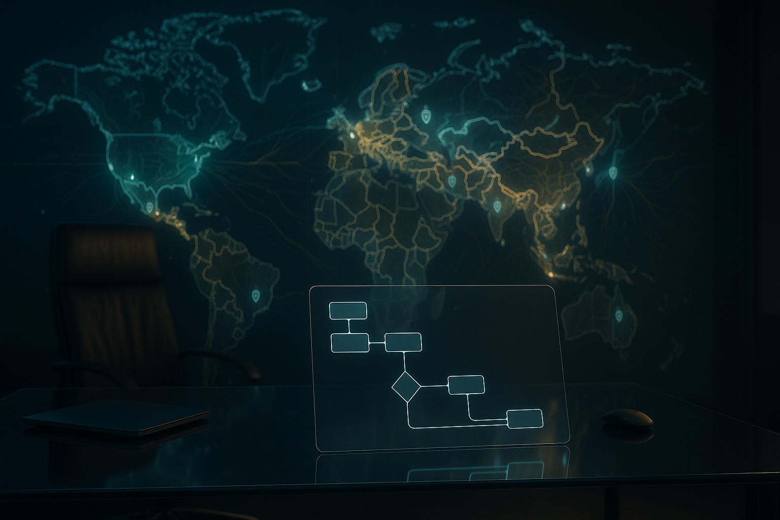 Holographic world map with regional boundaries and gated data flows, low-code blocks hovering over a glass desk.