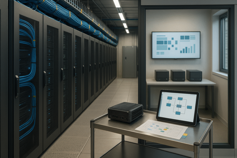 Server racks and edge gateway; tablet shows low-code workflow linking on-prem lab to cloud in a hybrid Kubernetes setup.