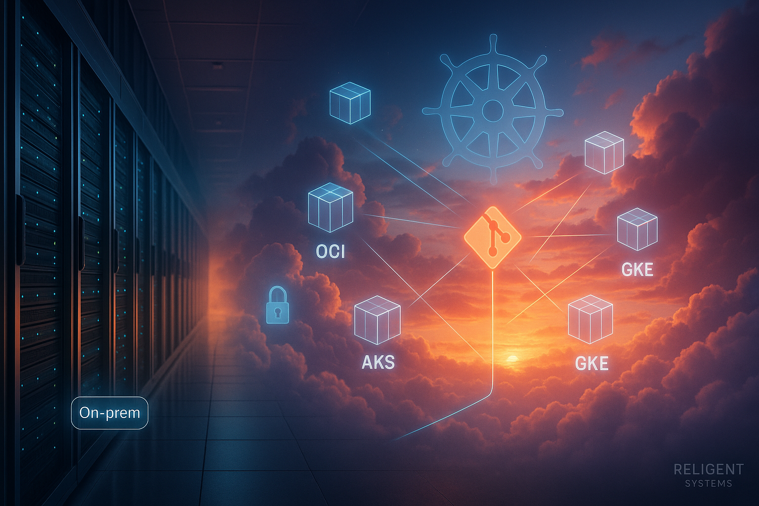 Containerized low-code apps moving from on-prem data center to cloud, with a Kubernetes lattice and GitOps threads across hybrid cloud.